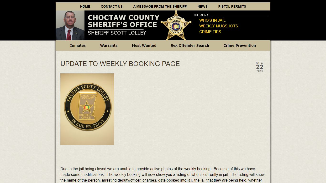 Update to Weekly Booking Page » Choctaw County Sheriff's Office